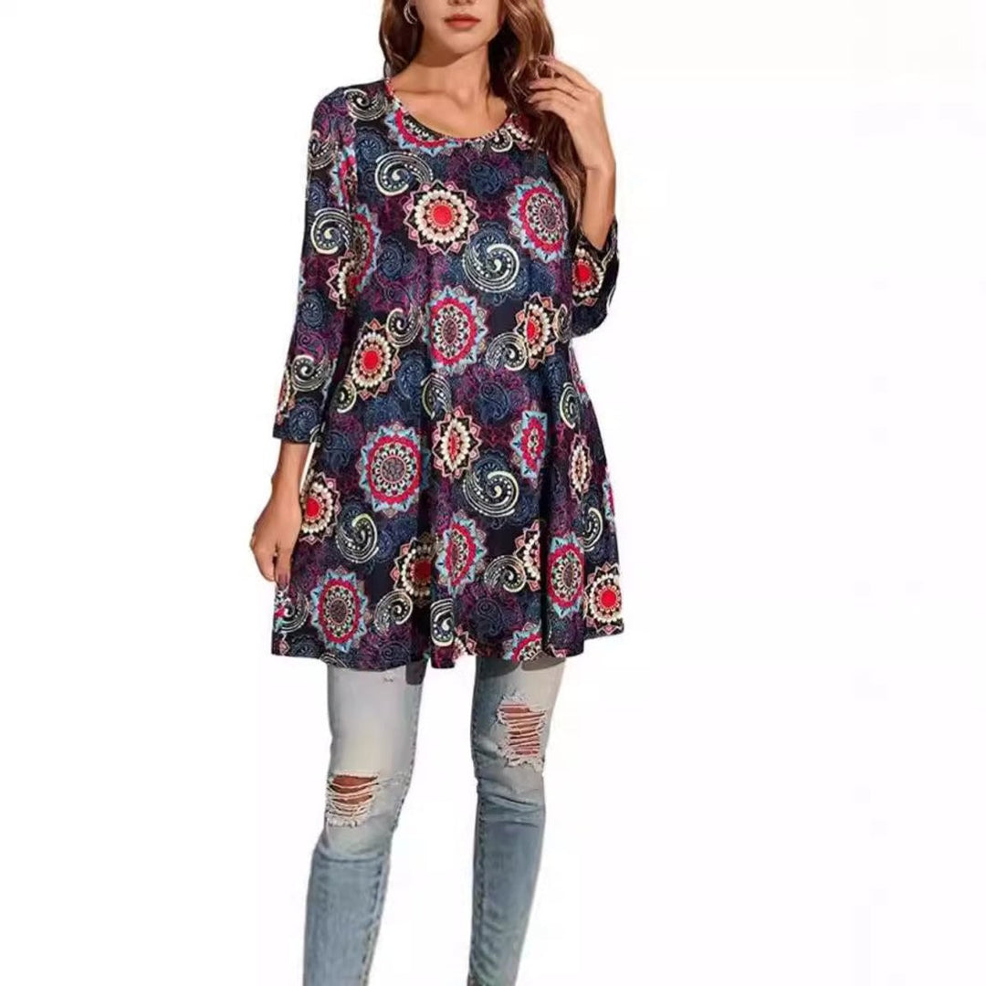 Navy and pink mandala-print swing tunic dress with flowy silhouette