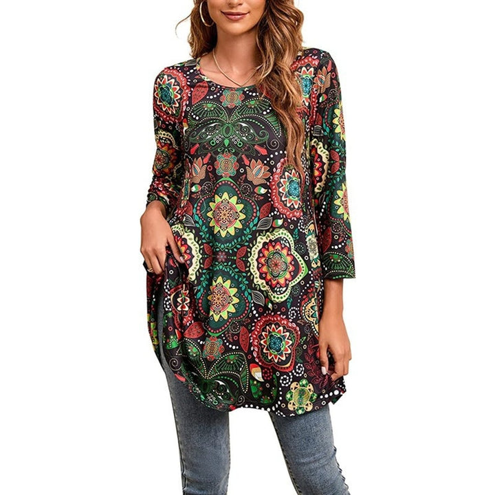 Black floral medallion-print tunic top with green and red accents