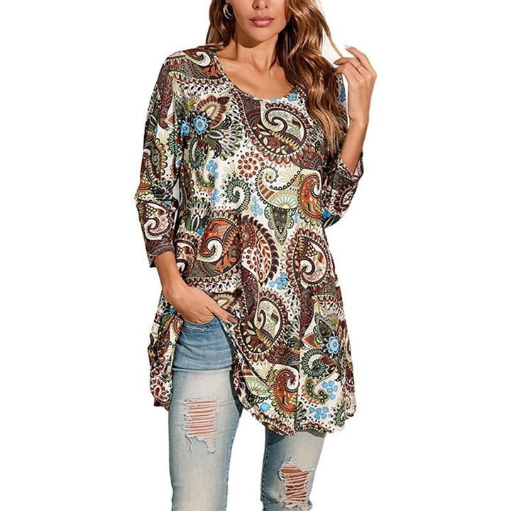 Cream paisley-print tunic top featuring bohemian swirl pattern