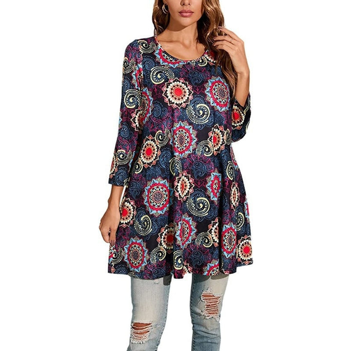 Navy mandala-print tunic dress with paisley swirl details