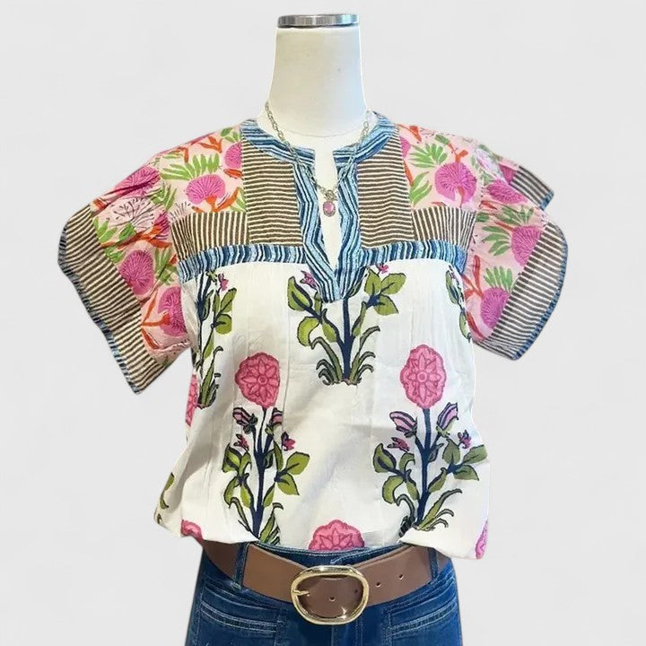 Mixed floral print blouse with split neckline and puff sleeves in pink