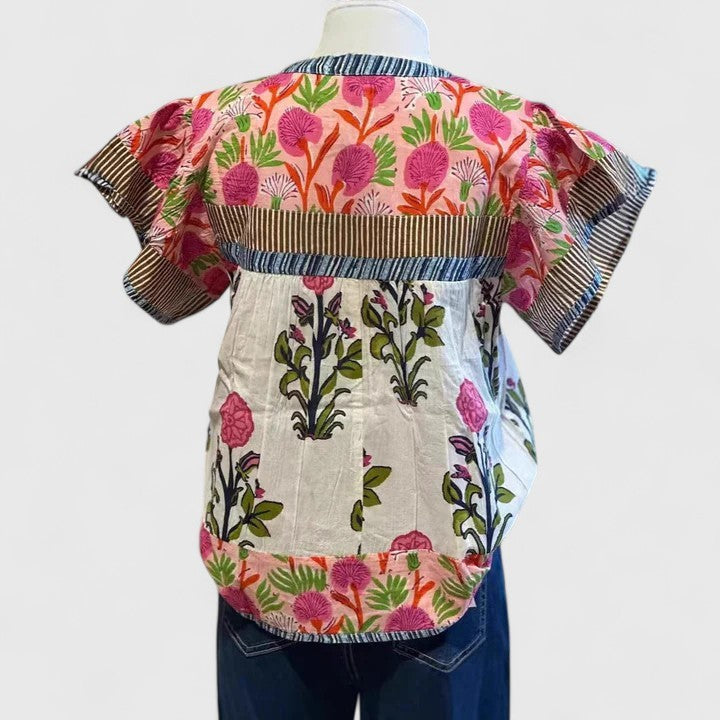 Back view of floral print blouse showing striped trim and puff sleeves
