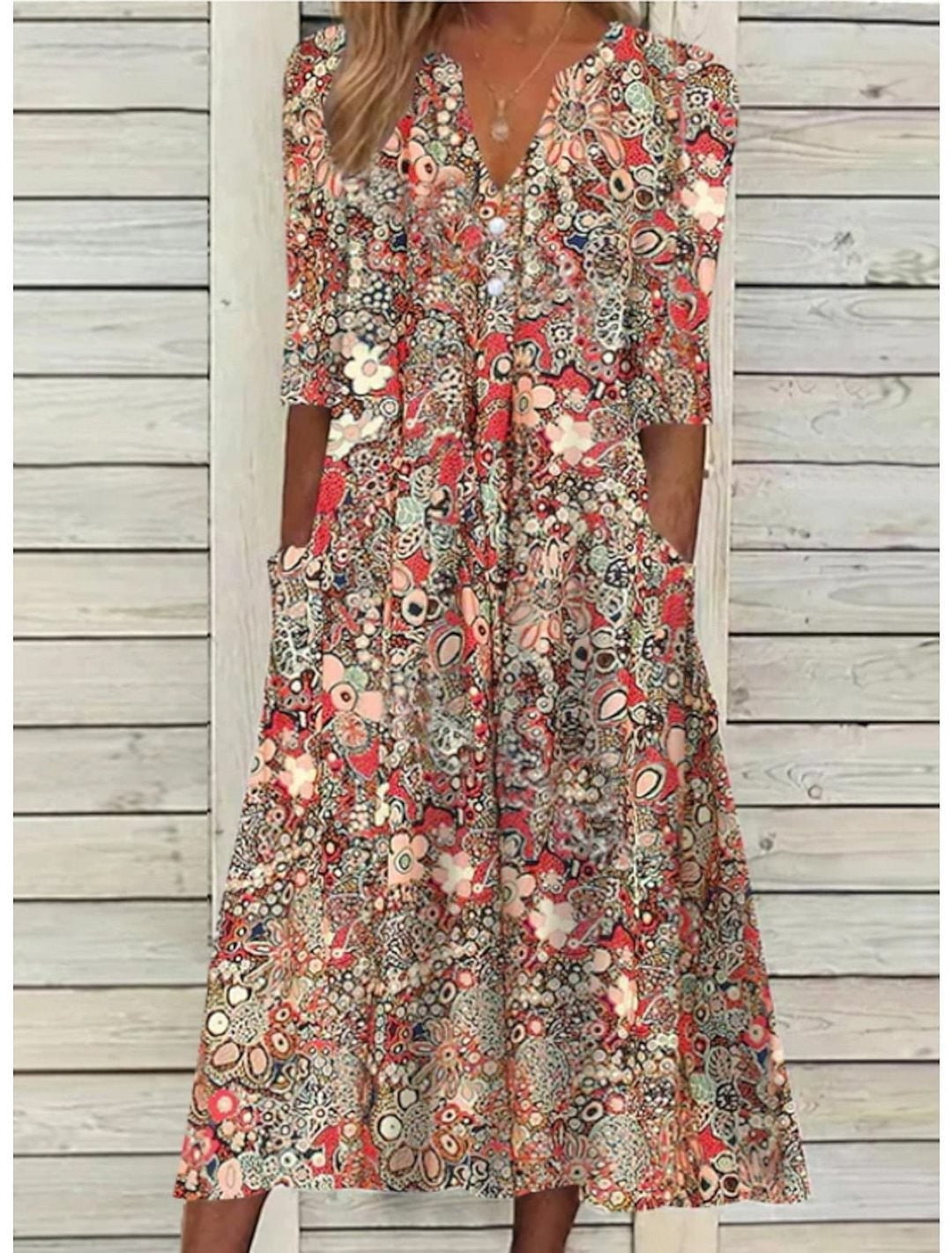 red floral print midi dress with V-neck and half sleeves