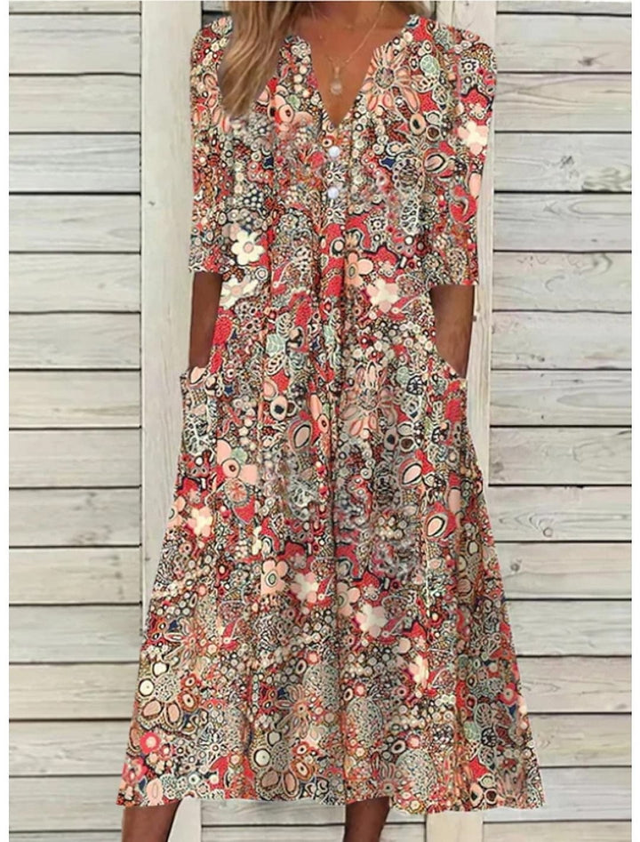 red floral print midi dress with V-neck and half sleeves