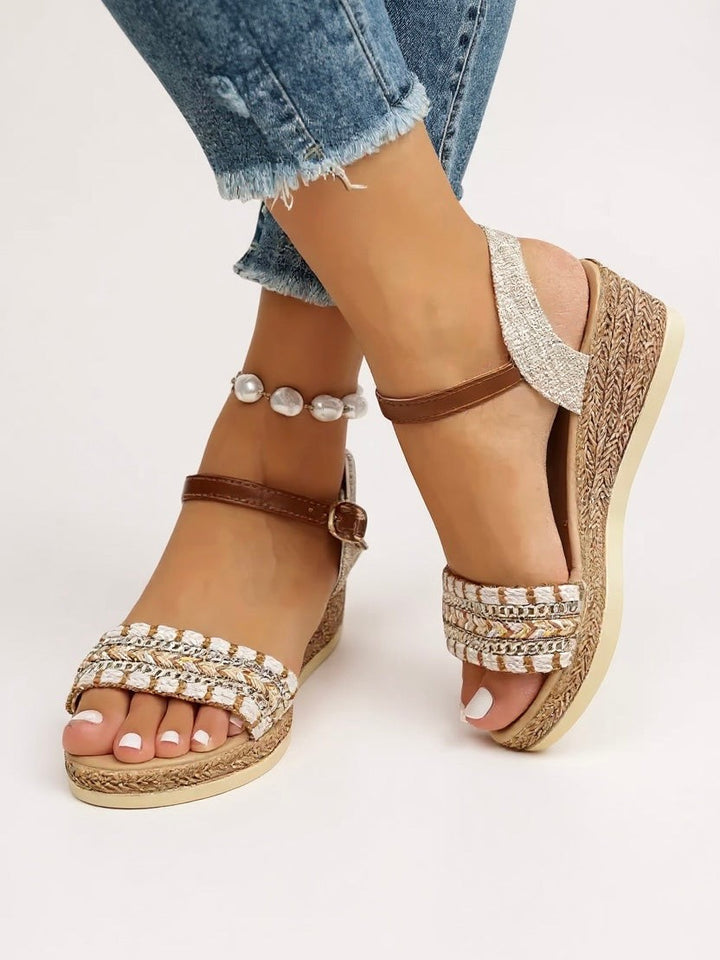 woven espadrille wedge sandals with braided straps and ankle buckle closure