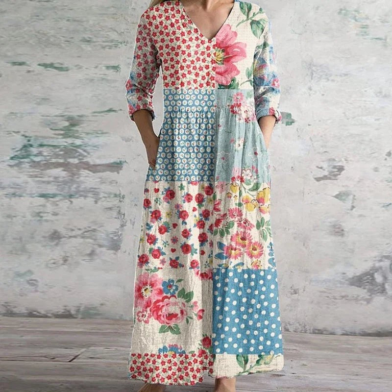 floral patchwork print maxi dress with V-neck and three-quarter sleeves