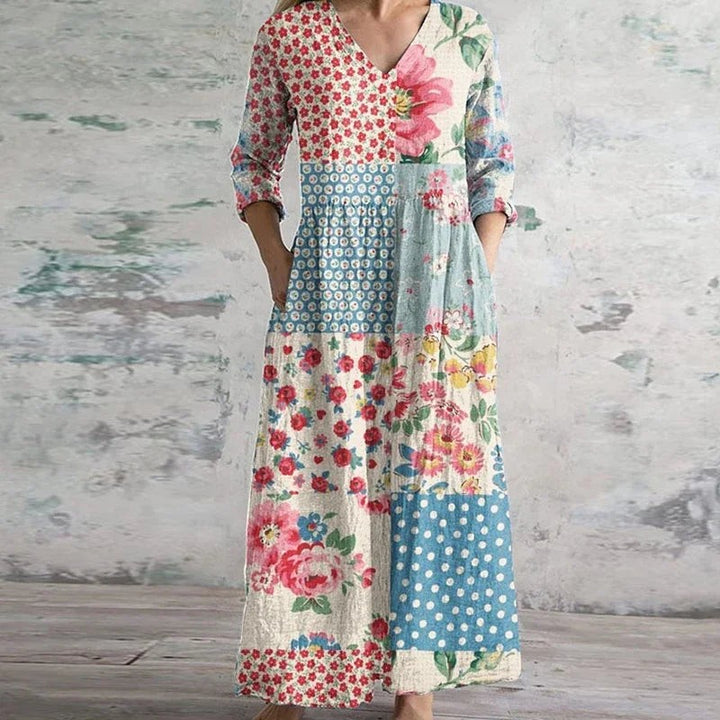 Patchwork floral maxi dress with polka dot panels and V-neck design