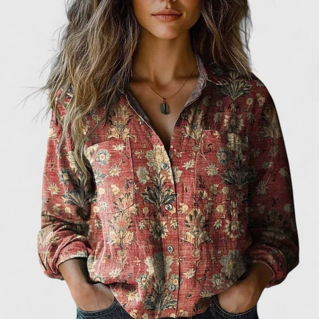 Red floral print button-up blouse with long sleeves and chest pocket