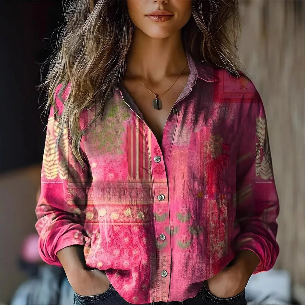 Pink abstract print long-sleeve button-up blouse with boho pattern
