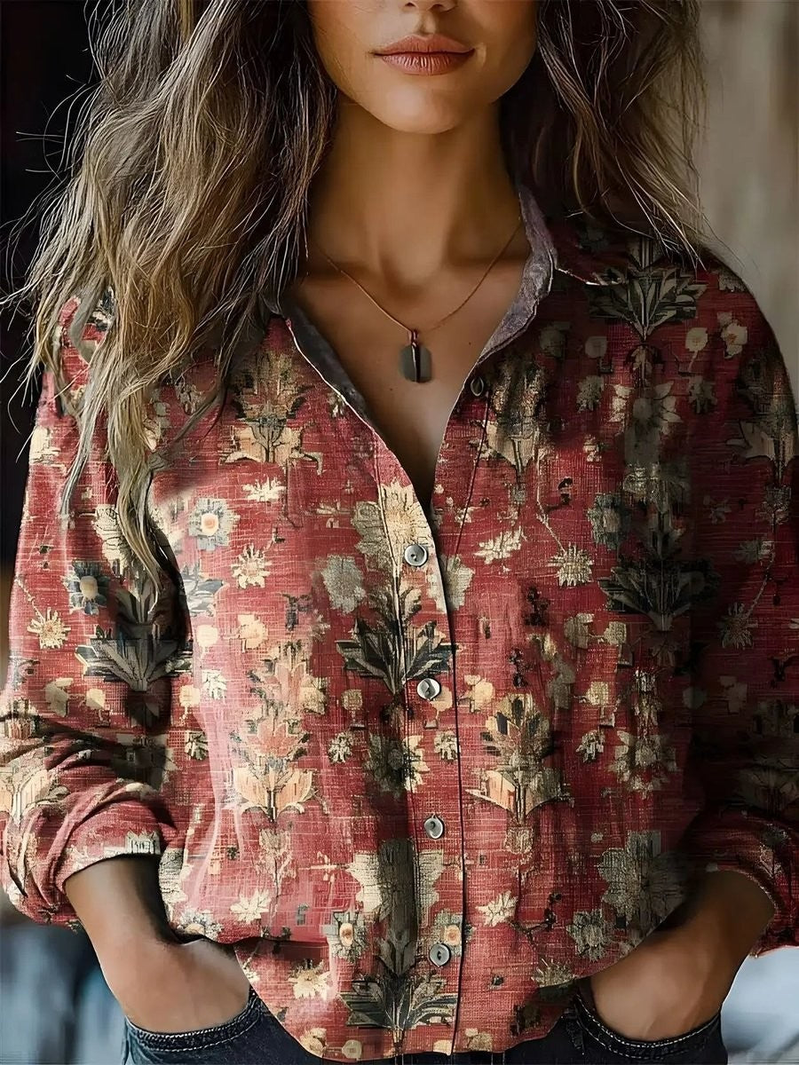 Rust red floral print button-up blouse with long sleeves
