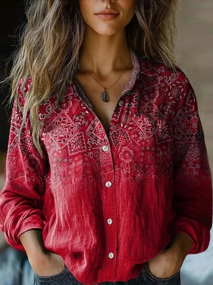 Red bandana print ombre button-up blouse with long sleeves