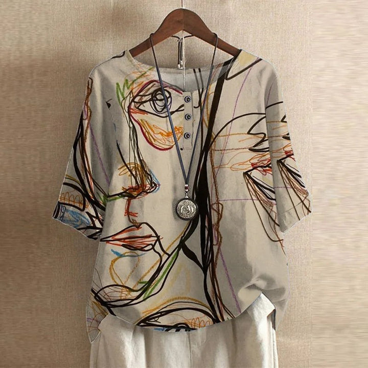 Beige abstract line-art print blouse with artistic sketch design and half sleeves
