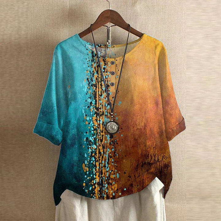 Teal and mustard ombre splatter print blouse with cuffed half sleeves