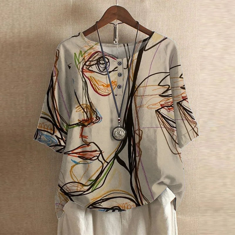 Beige abstract line-art print blouse with colorful sketch design, half sleeves