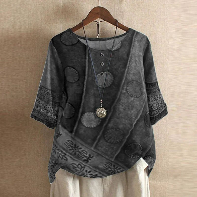 Charcoal gray patchwork print blouse with round medallion design and half sleeves