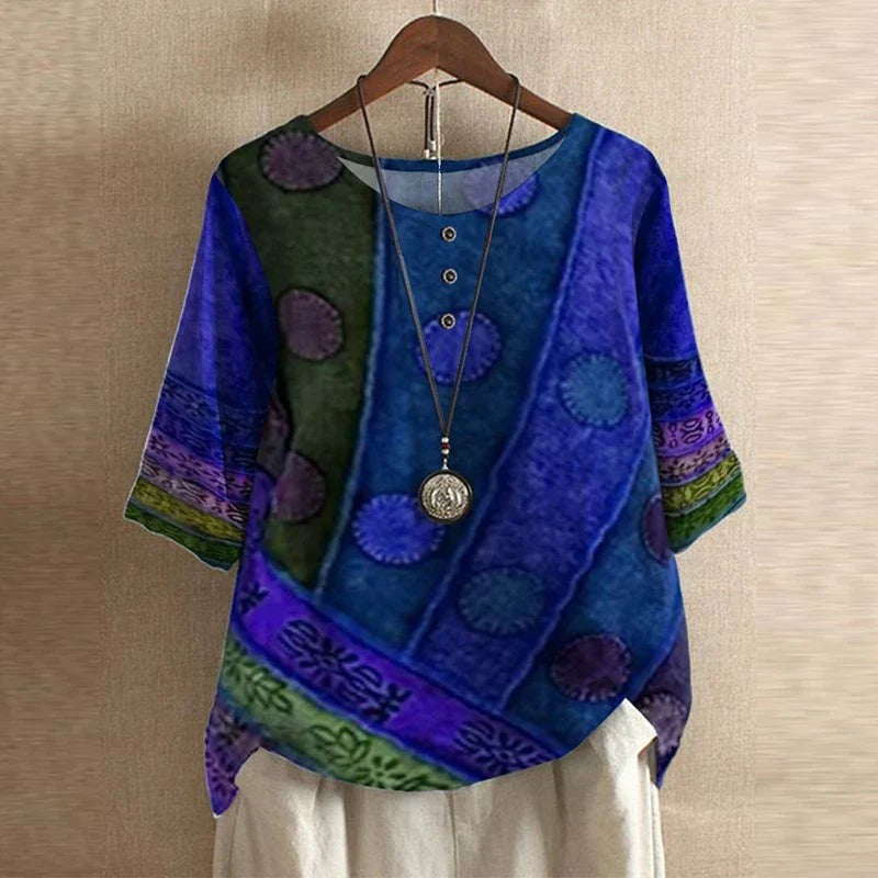 Royal blue and purple patchwork print blouse with round medallion design