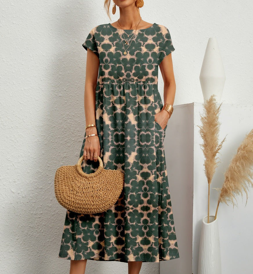 Green tie-dye print midi dress with short sleeves and side pockets