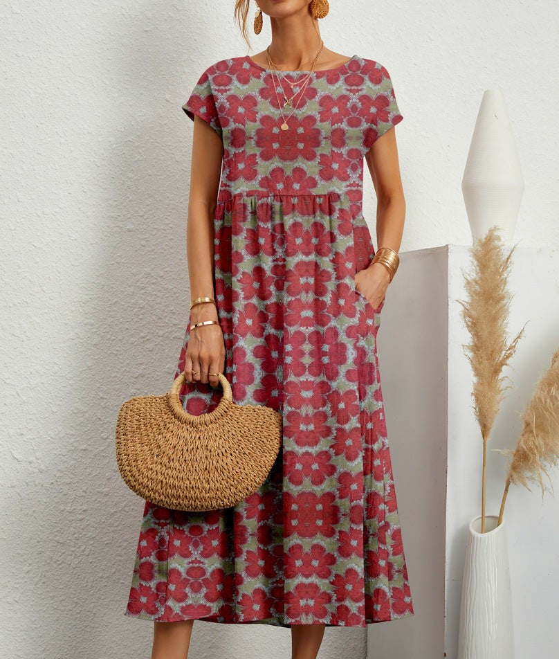 Red floral print midi dress featuring short sleeves and a relaxed silhouette