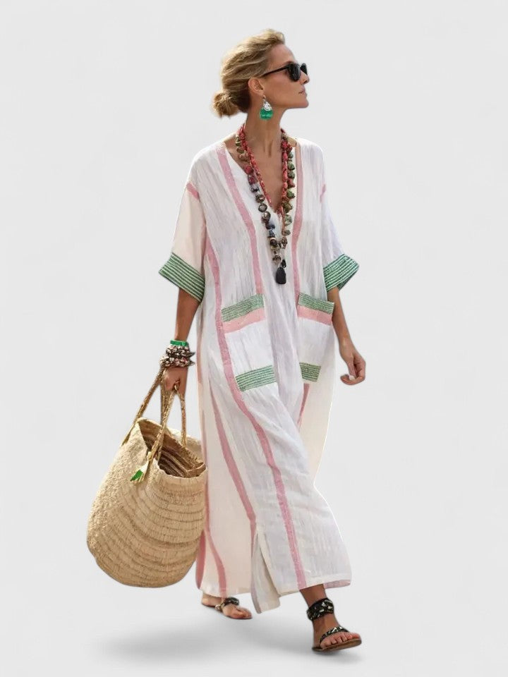 White linen maxi kaftan with pink stripes and green trim, patch pockets