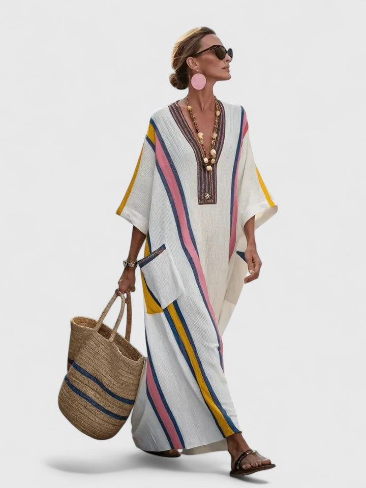 White linen maxi kaftan with pink, yellow, and blue stripes, V-neck