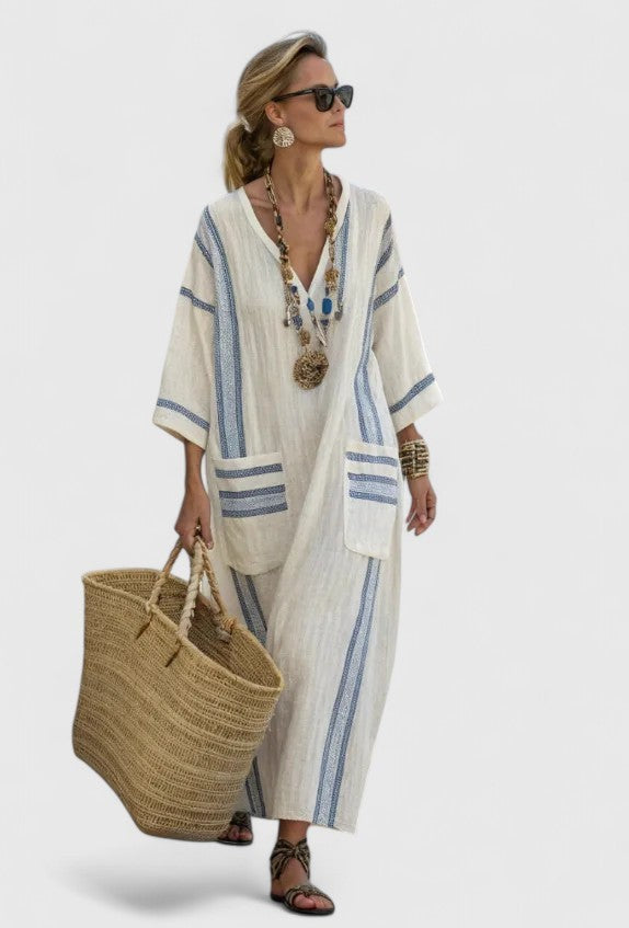 Cream linen kaftan dress with blue stripes and embroidered V-neckline