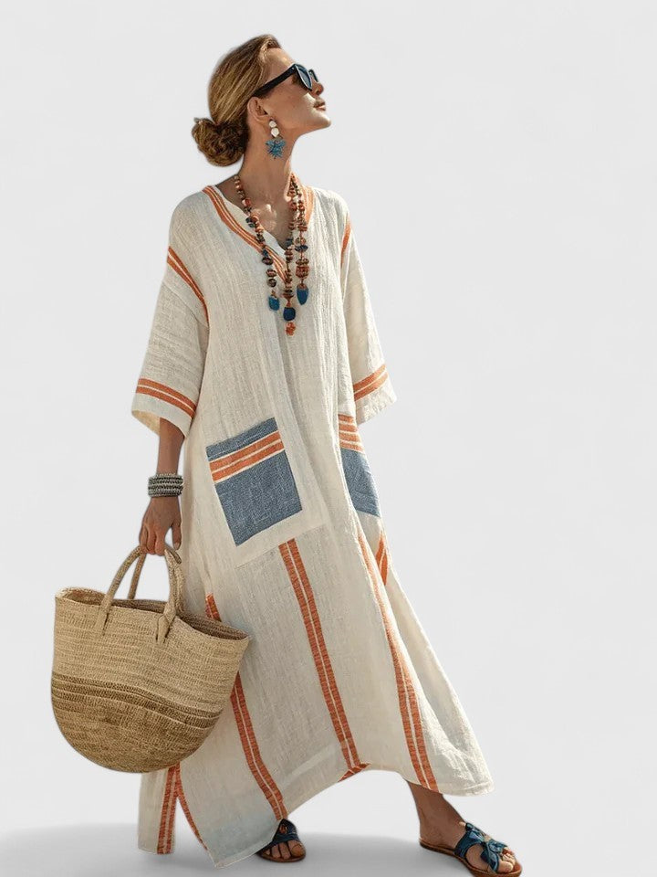 Cream linen maxi kaftan with orange stripes and denim-blue patch pocket