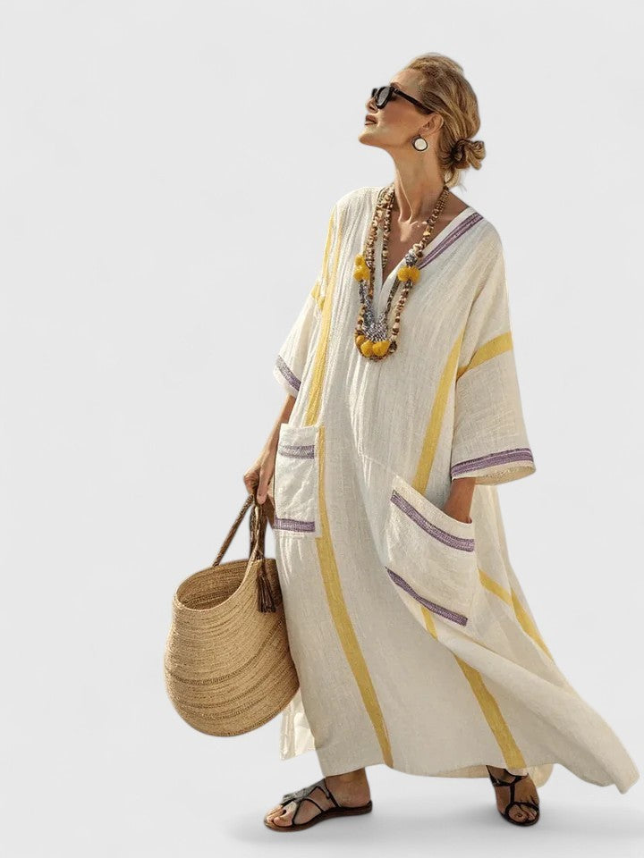 Ivory linen kaftan dress with yellow stripes and lavender trim accents