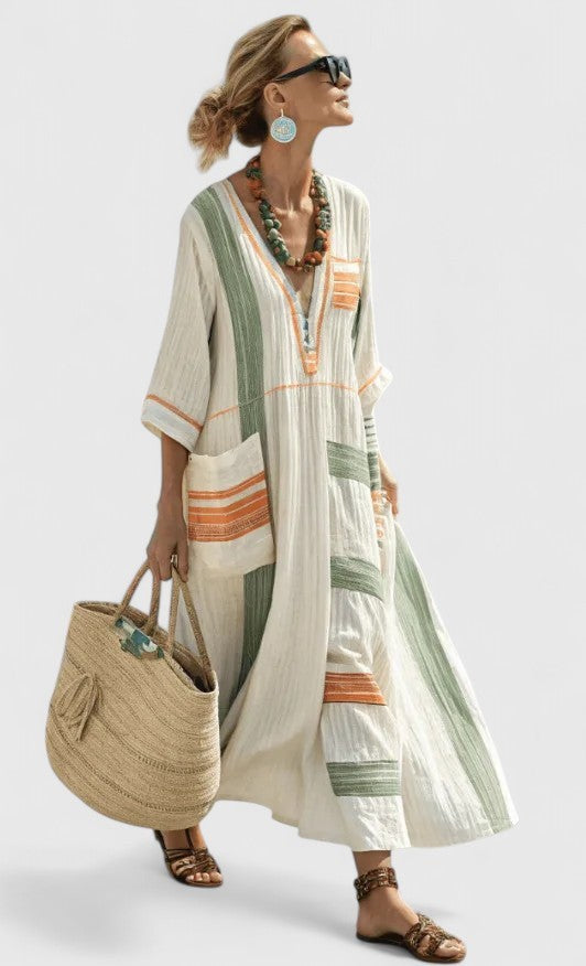 Cream tiered maxi dress with green and orange stripe patchwork detail