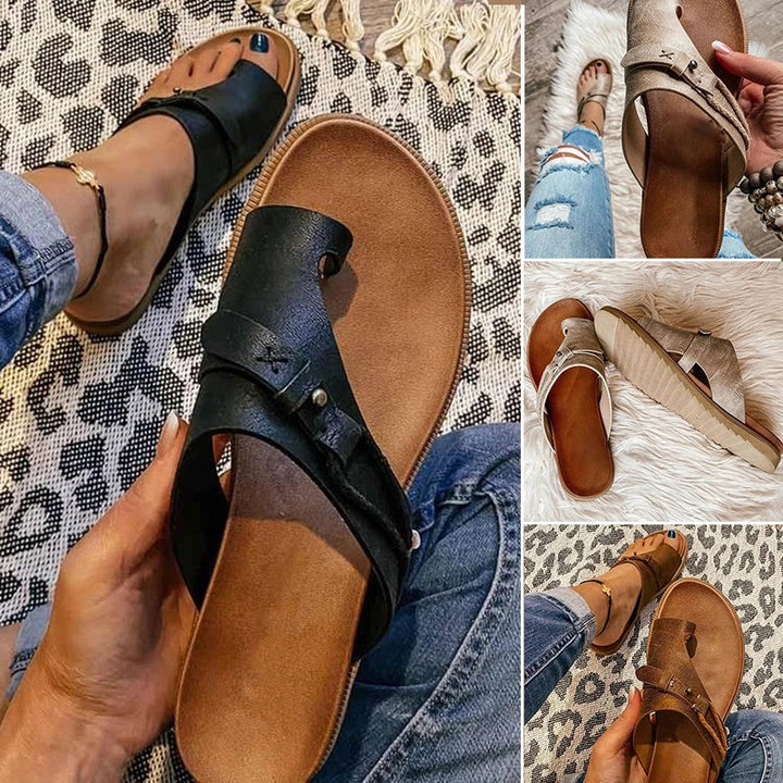 Collage of flat toe-ring sandals in black, brown, and gold leather