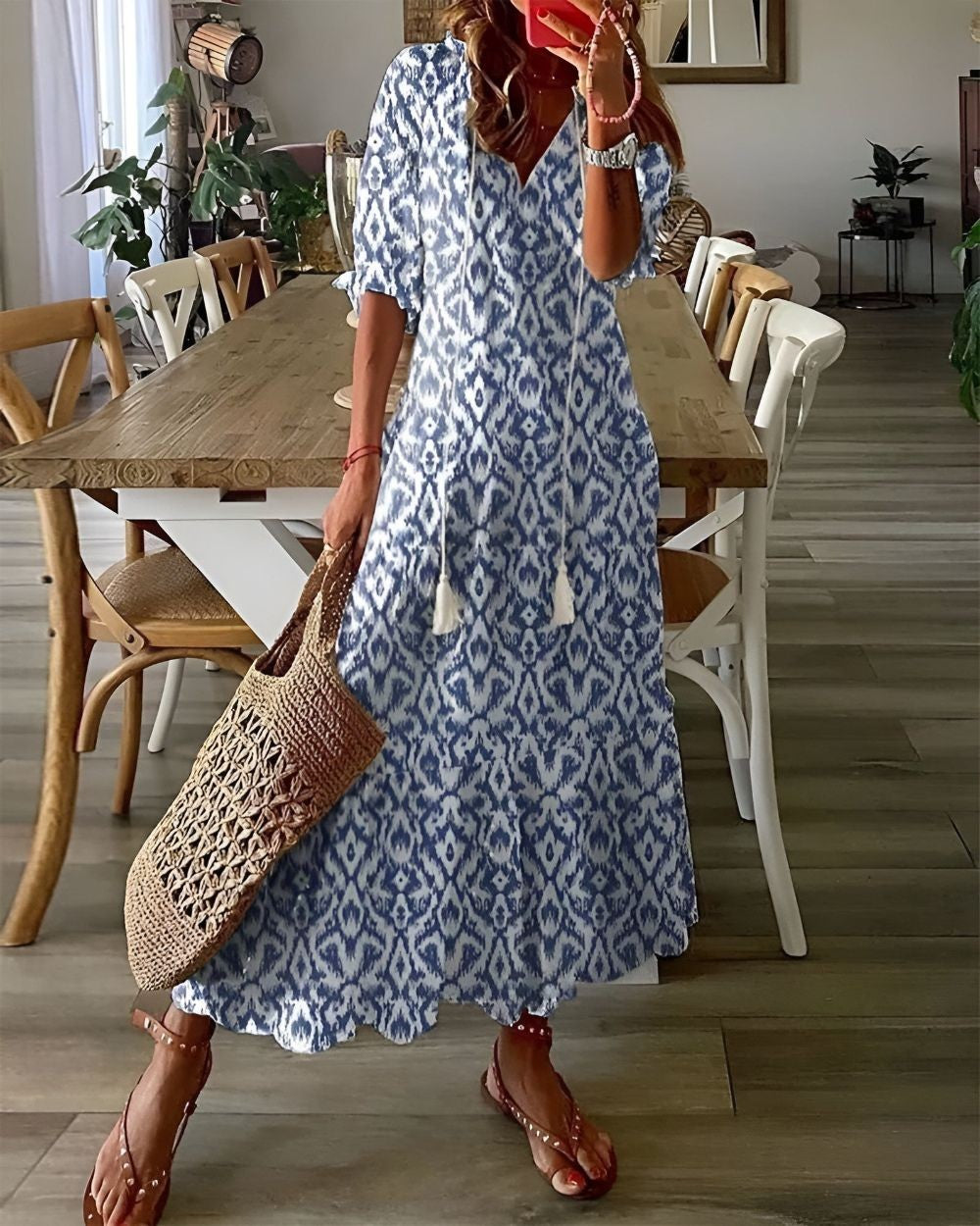 blue and white ikat print maxi dress with tasseled V-neck tie