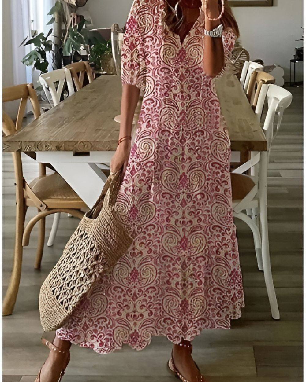 red and cream paisley print boho maxi dress with tassels