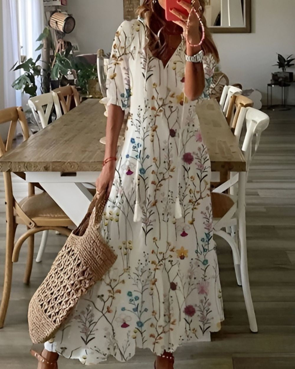 white wildflower print maxi dress with boho tassel tie