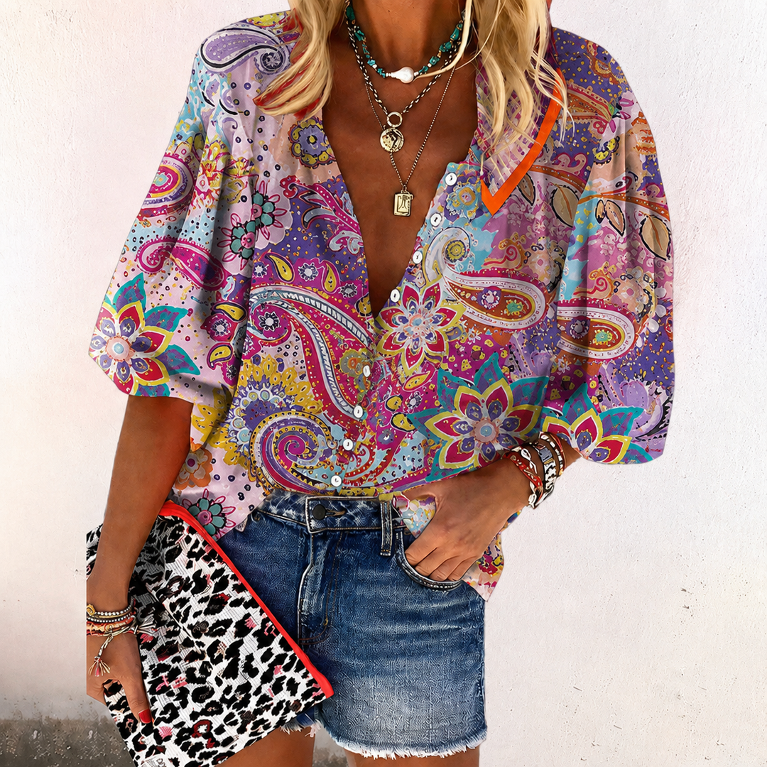 colorful paisley print blouse with balloon sleeves and button front