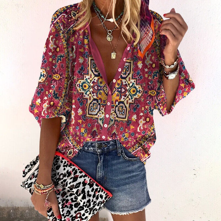 pink boho print blouse with V-neck and three-quarter sleeves