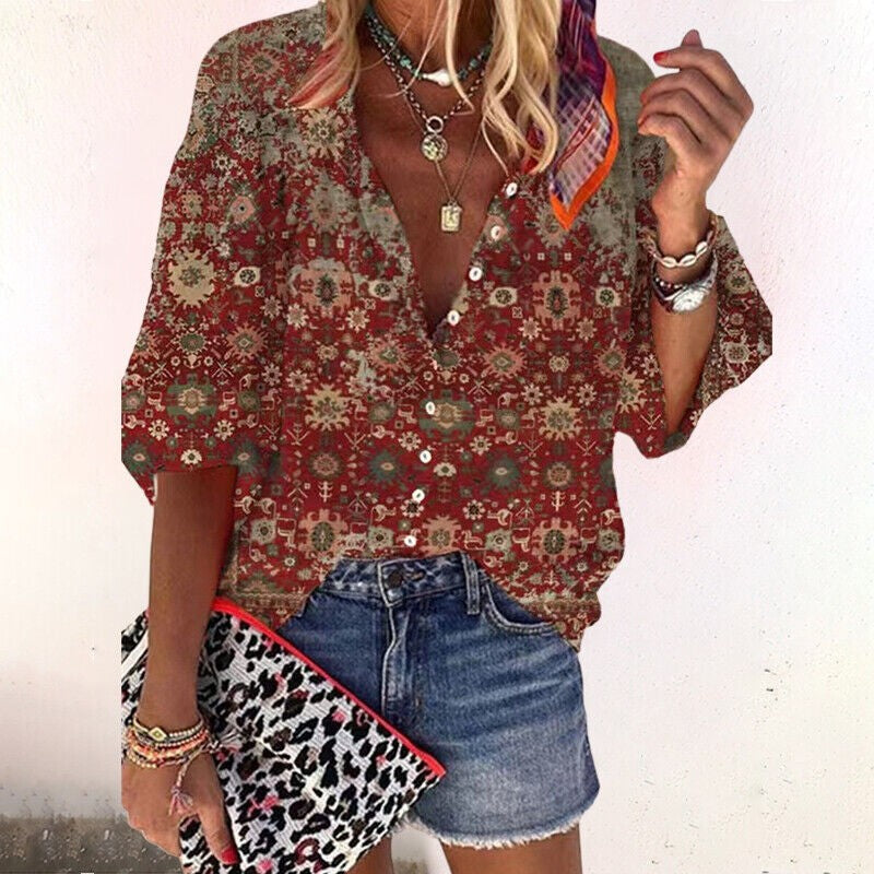 red vintage floral print blouse with button-down closure