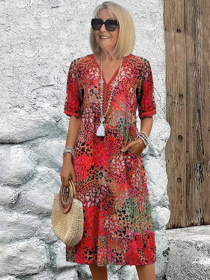 Red floral print midi dress with V-neck and short sleeves, boho style