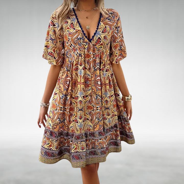 Mustard and red paisley print boho dress with crochet trim V-neck