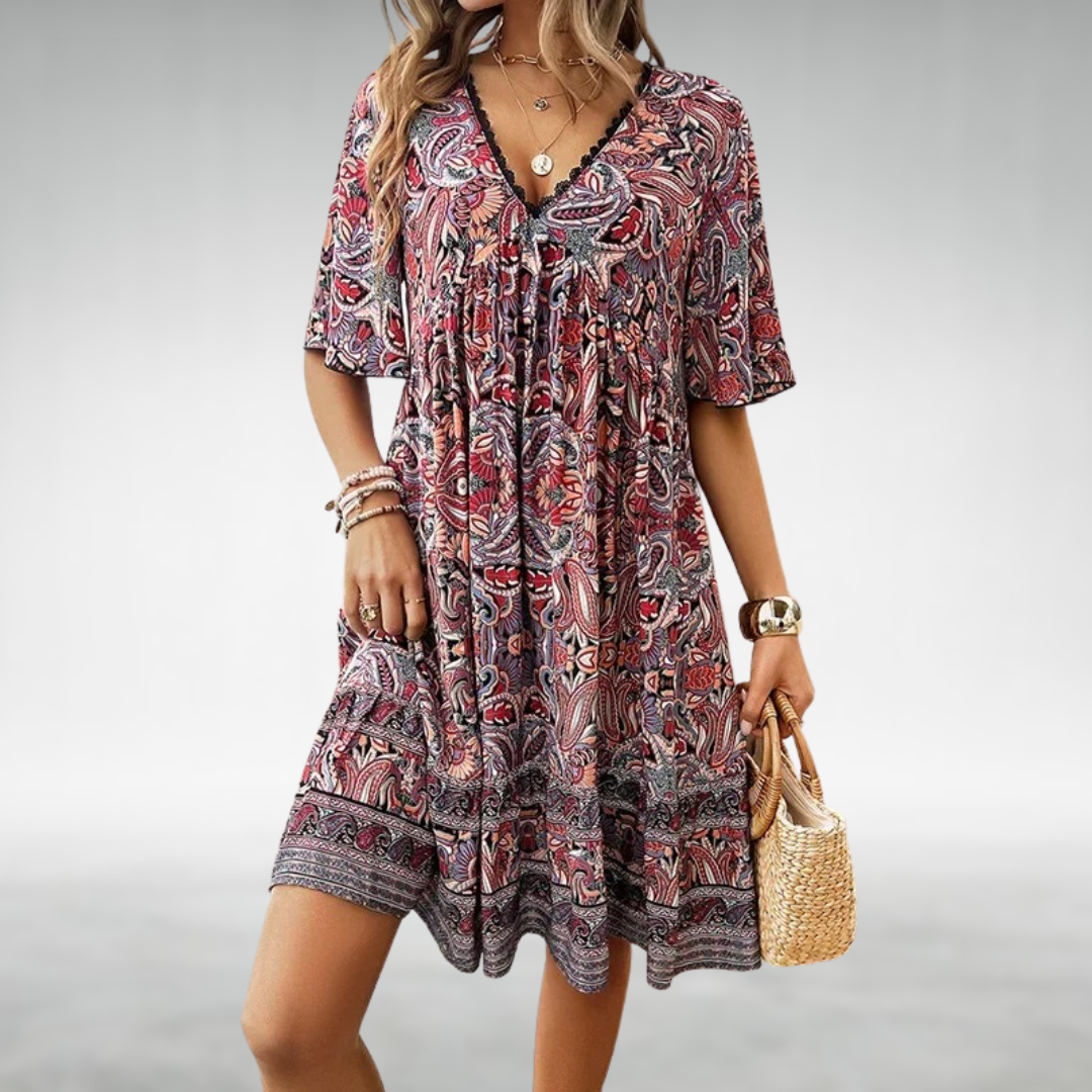 Burgundy paisley print flowy dress with lace-trimmed V-neckline