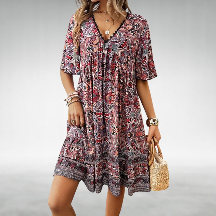 Burgundy paisley print flowy dress with lace-trimmed V-neckline