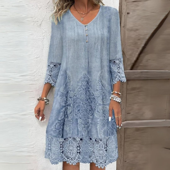 Blue floral lace-trim midi dress with button-front V-neck and three-quarter sleeves