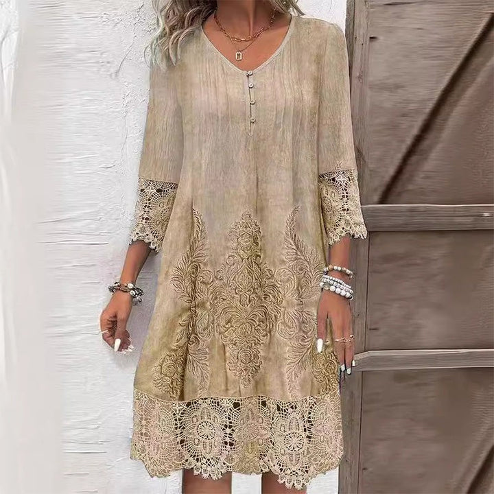 Beige paisley print midi dress with lace sleeve cuffs and button placket