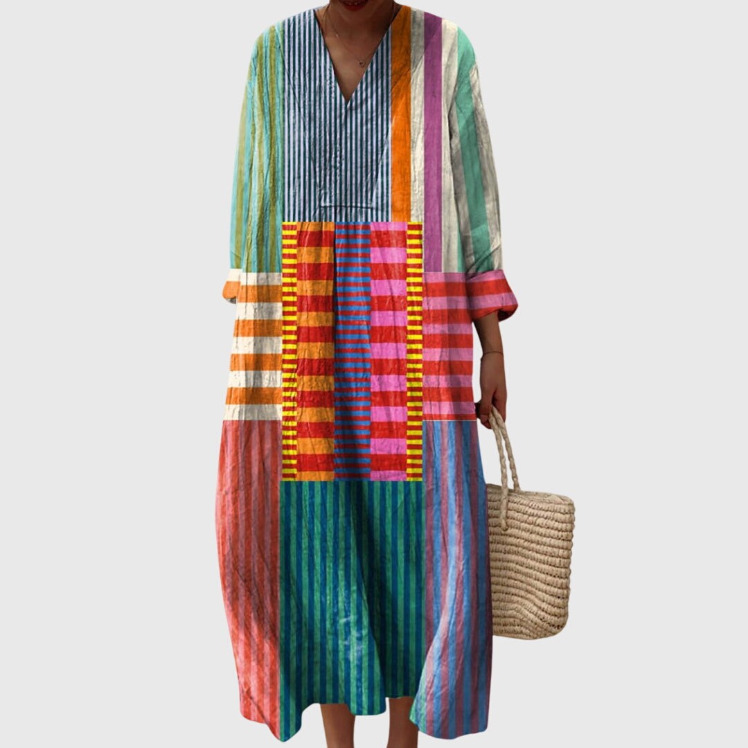 Colorful patchwork striped maxi dress with V-neck and long sleeves