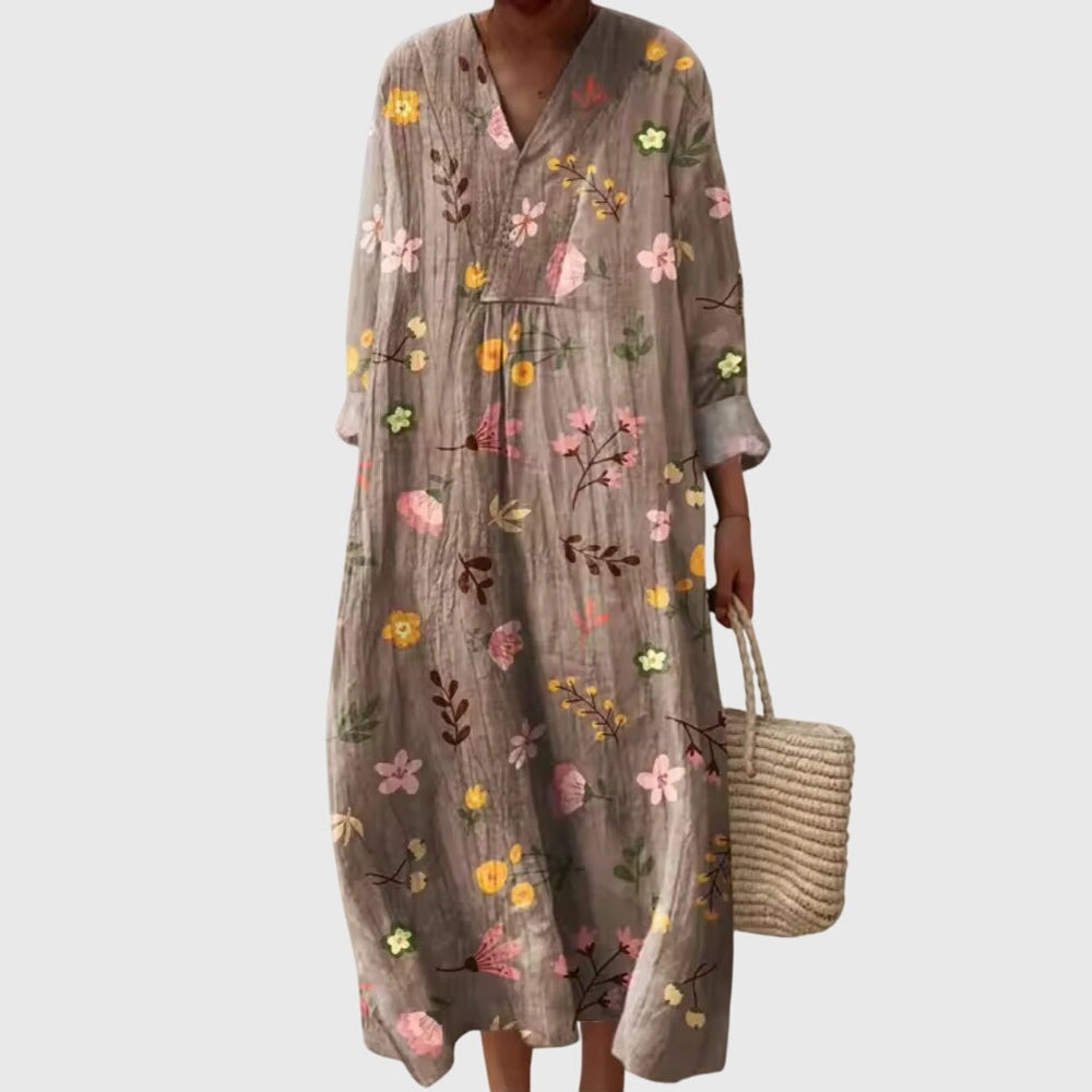 Gray floral print maxi dress with V-neck and long sleeves