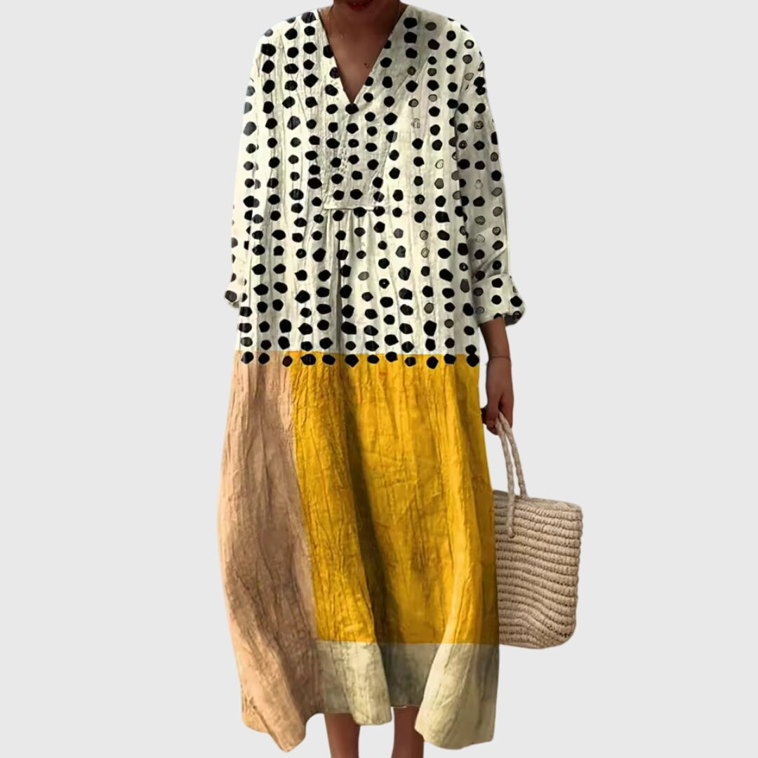 Polka dot and yellow color-block maxi dress with V-neck