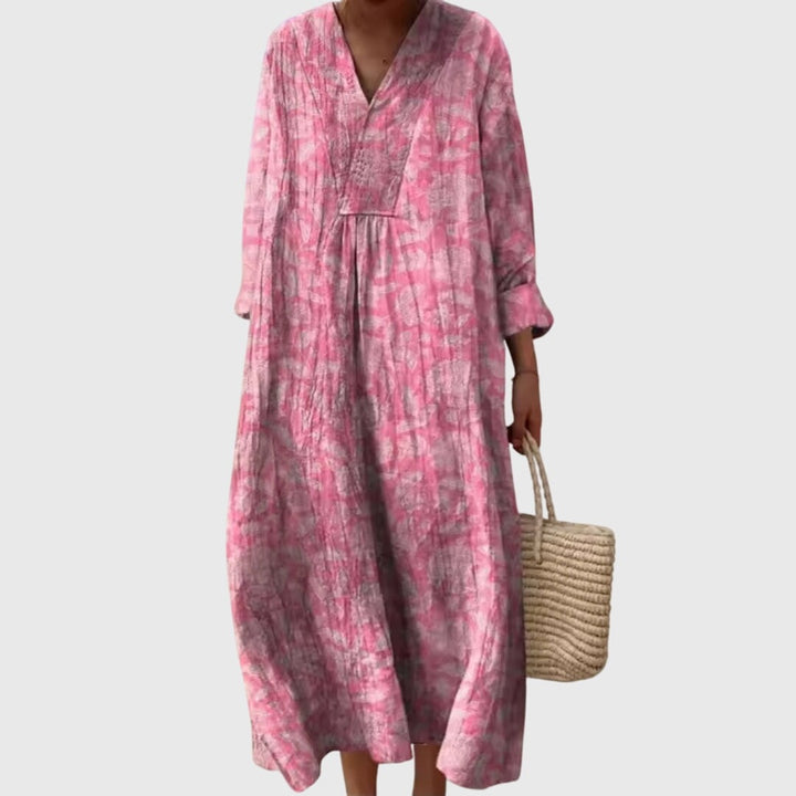Pink tie-dye print maxi dress with V-neck and long sleeves