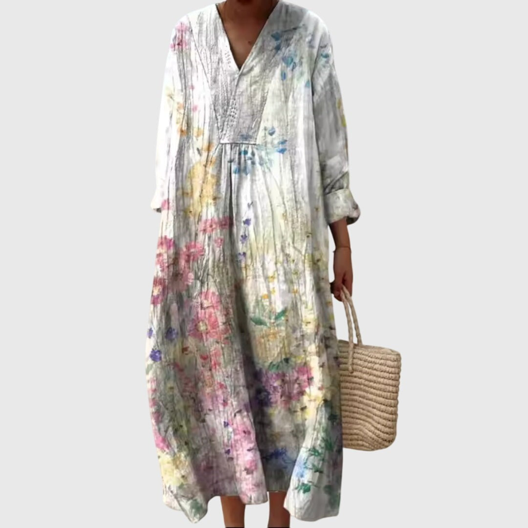 White floral print maxi dress with long sleeves and V-neck