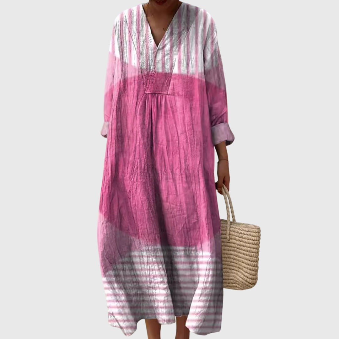 Pink and gray striped color-block maxi dress with V-neck