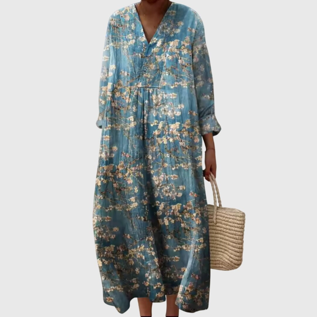 Blue almond blossom print maxi dress with long sleeves