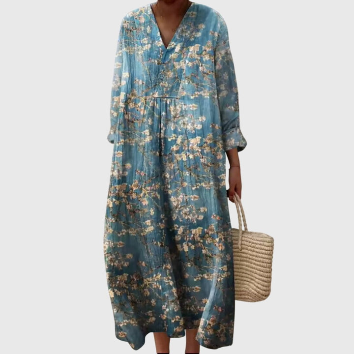 Blue almond blossom print maxi dress with long sleeves