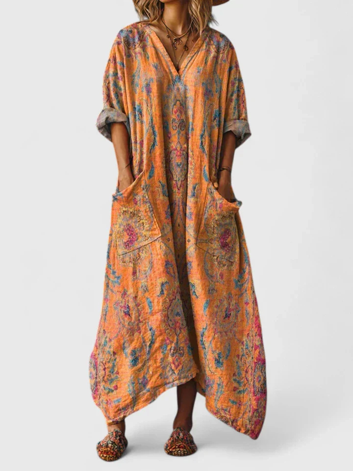 orange boho paisley print maxi dress with front pockets and V-neck